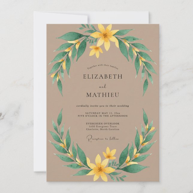 Convites Casamento com Folhas e Mostarda Bege (Frente)