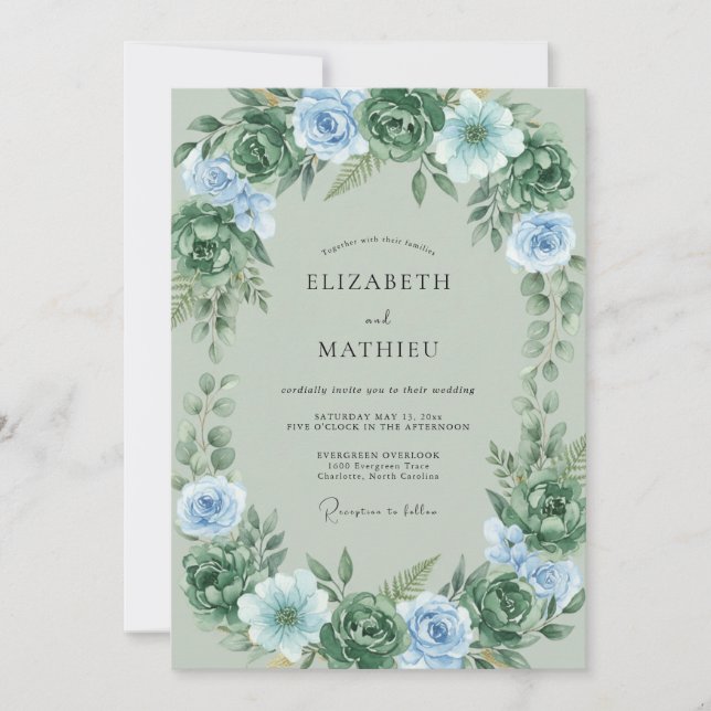 Convites Casamento com Folhas e Periwinkle Celadon (Frente)