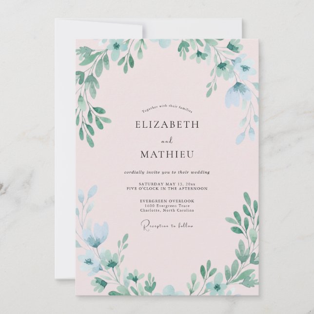 Convites Casamento com Folhas e Rosa Pastel (Frente)