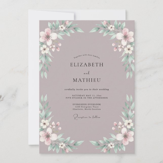 Convites Casamento com Folhas e Rubor Bege (Frente)