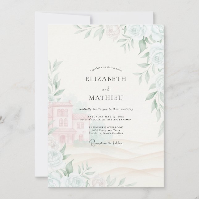 Convites Casamento com Folhas e Tons de Sage Blush (Frente)