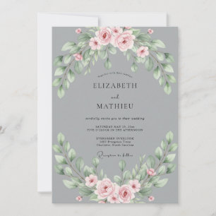 Convites Casamento com Folhas e Toque de Rosa Cinza