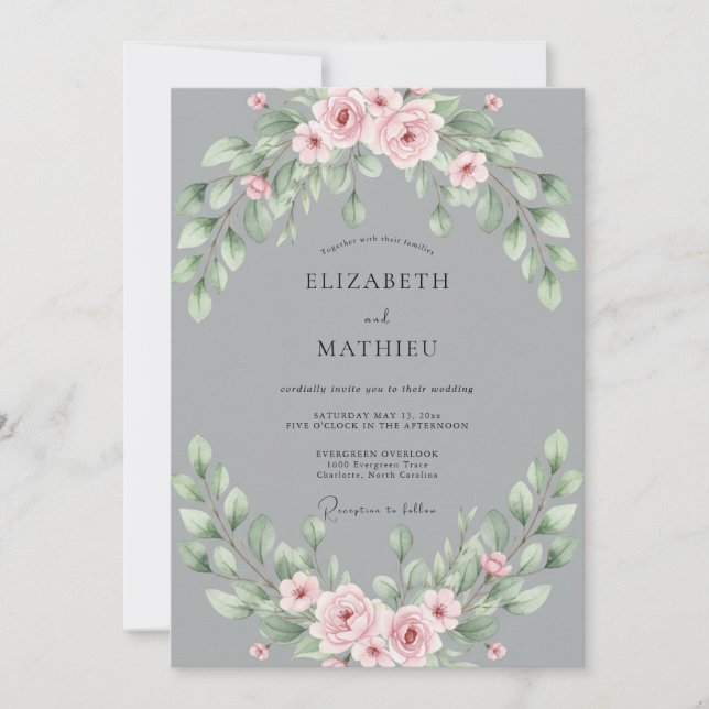 Convites Casamento com Folhas e Toque de Rosa Cinza (Frente)