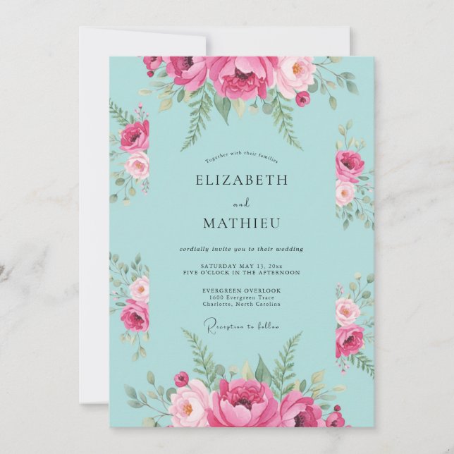 Convites Casamento com Folhas em Água Magenta (Frente)