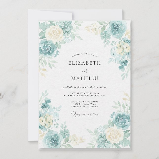 Convites Casamento com Folhas em Aqua Marfim (Frente)