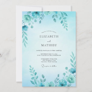 Convites Casamento com Folhas em Aquarela Ciano