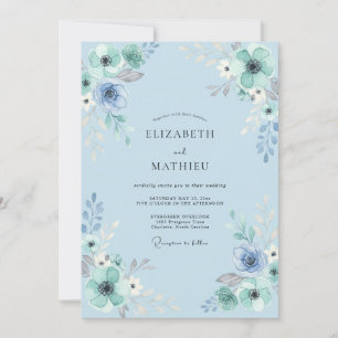 Convites Casamento com Folhas em Azul Água em Pó