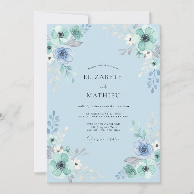 Convites Casamento com Folhas em Azul Água em Pó (Frente)