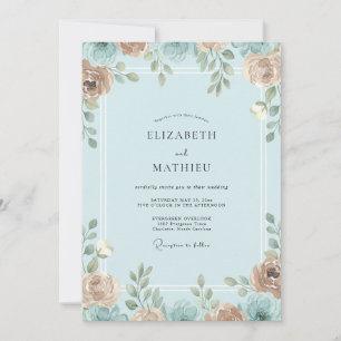 Convites Casamento com Folhas em Azul Azur e Damasco
