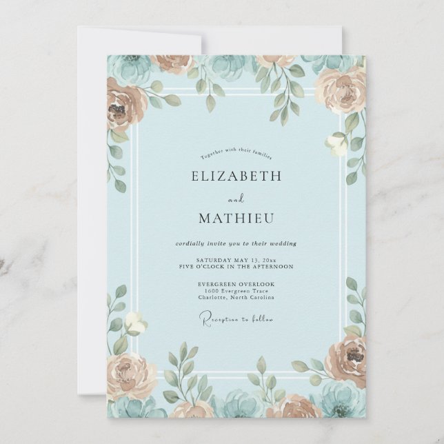 Convites Casamento com Folhas em Azul Azur e Damasco (Frente)