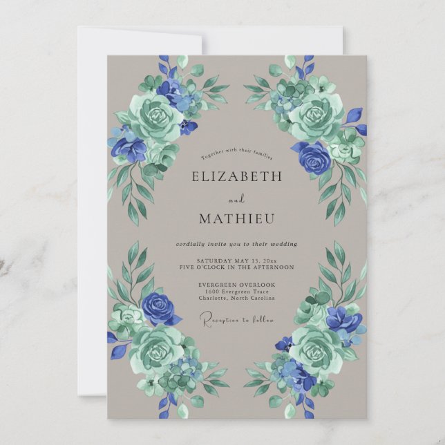 Convites Casamento com Folhas em Azul Bege (Frente)