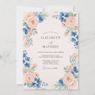 Convites Casamento com Folhas em Azul Claro e Rosa Bege