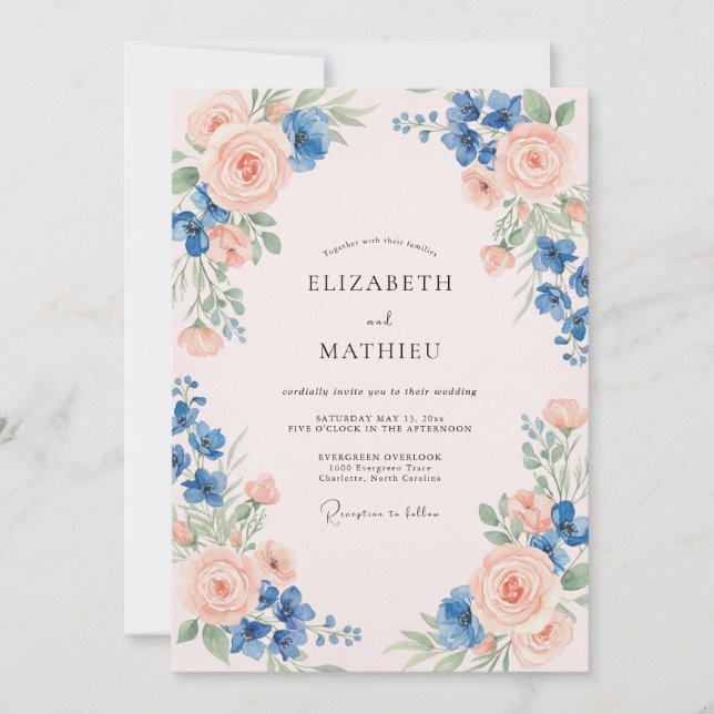 Convites Casamento com Folhas em Azul Claro e Rosa Bege (Frente)