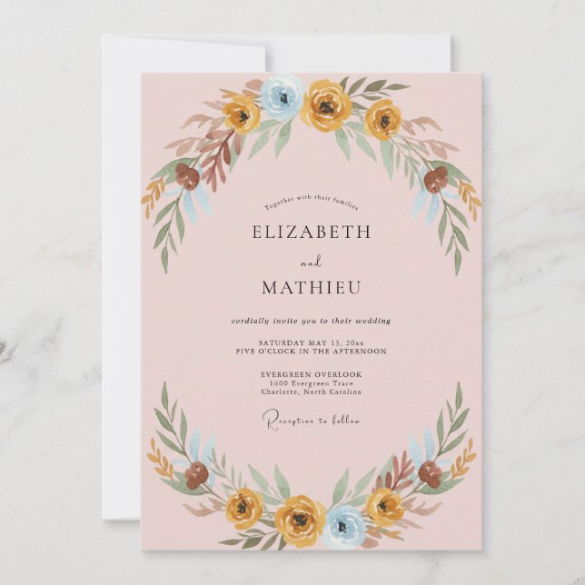 Convites Casamento com Folhas em Azul Ôcre (Frente)