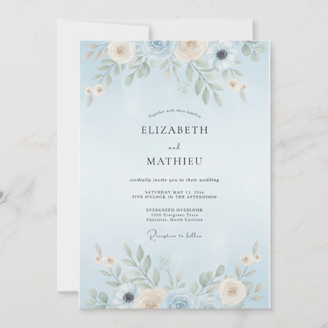 Convites Casamento com Folhas em Azul Pó (Frente)