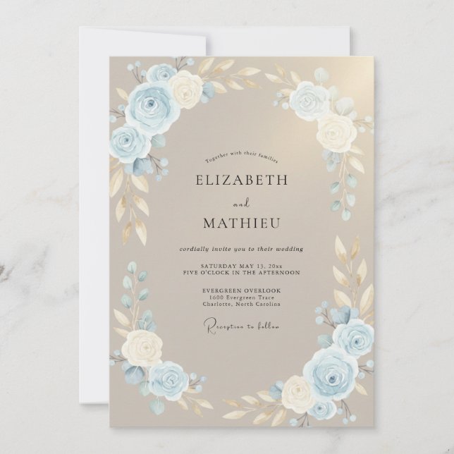Convites Casamento com Folhas em Azul Pó de Taupe (Frente)