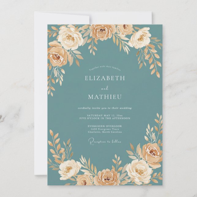 Convites Casamento com Folhas em Azul Turquesa Desbotado (Frente)