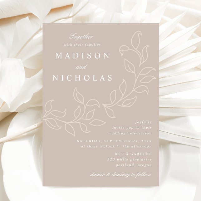 Convites Casamento com Folhas em Cascata Bege (Criador carregado)