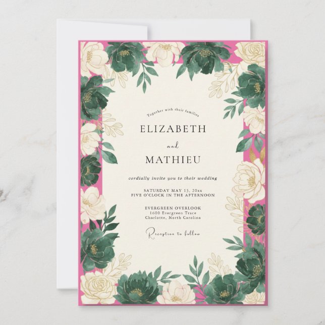 Convites Casamento com Folhas em Magenta Teal (Frente)