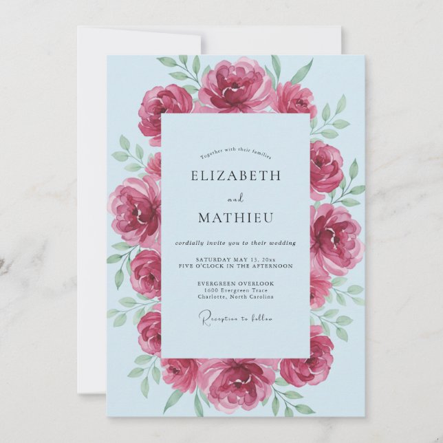 Convites Casamento com Folhas em Pó Magenta (Frente)