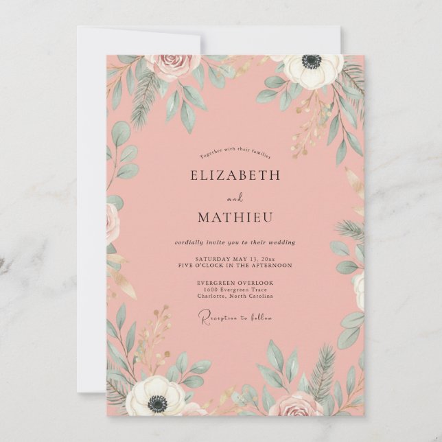Convites Casamento com Folhas em Salmão Empoeirado (Frente)