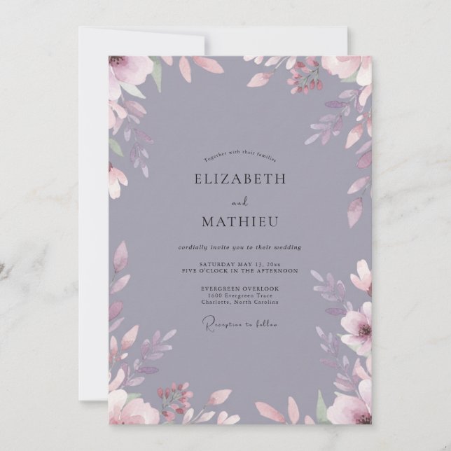 Convites Casamento com Folhas em Slate Mauve (Frente)