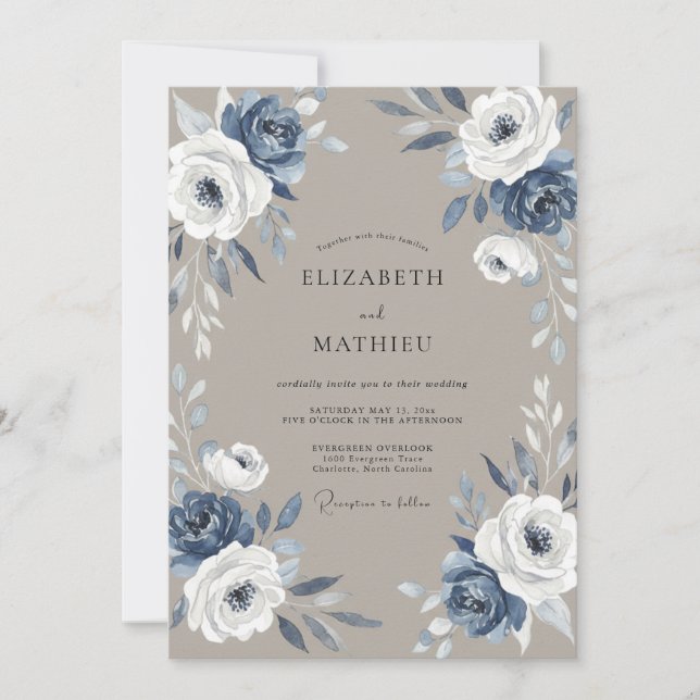 Convites Casamento com Folhas em Slate Taupe (Frente)
