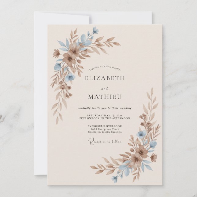 Convites Casamento com Folhas em Taupe e Champanhe (Frente)