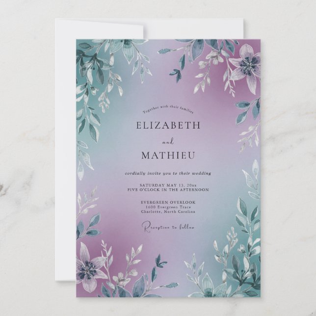 Convites Casamento com Folhas em Teal e Ámbar (Frente)