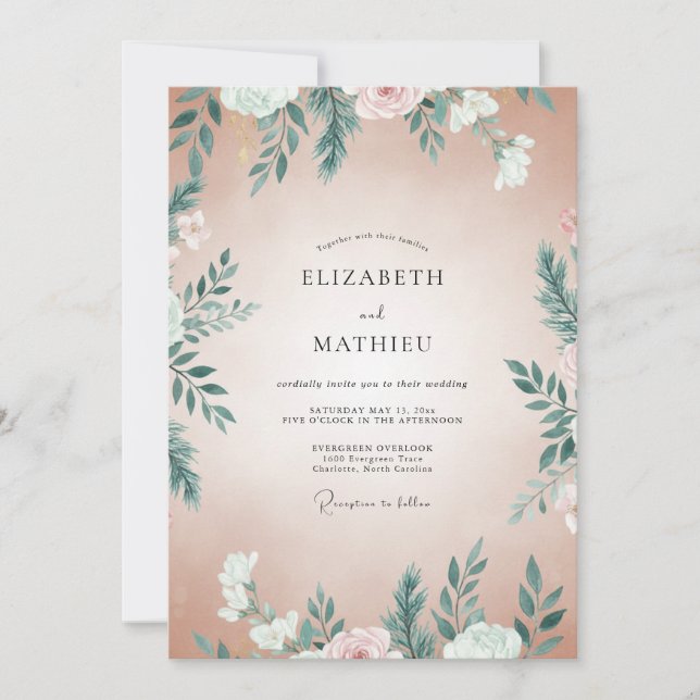 Convites Casamento com Folhas em Teal e Damasco (Frente)