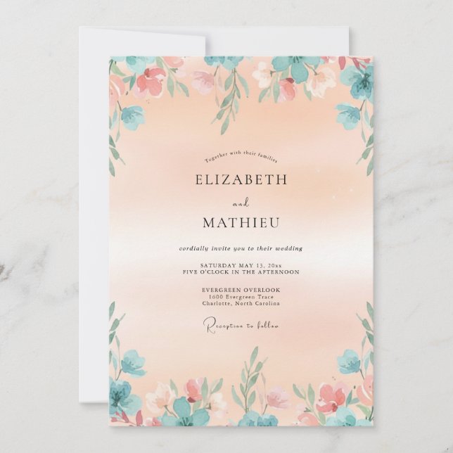 Convites Casamento com Folhas em Tom de Água e Damasco (Frente)