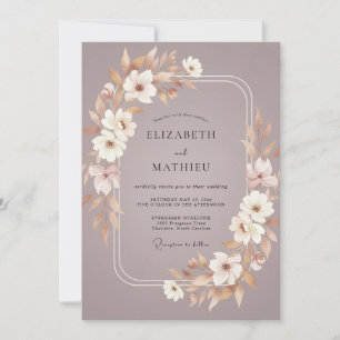 Convites Casamento com Folhas em Tom de Taupe Rosa