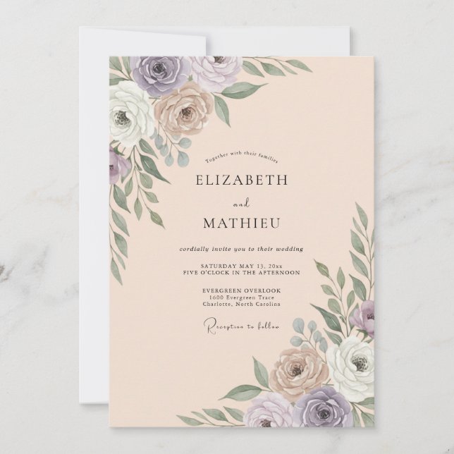 Convites Casamento com Folhas em Tons de Champanhe Rosa (Frente)