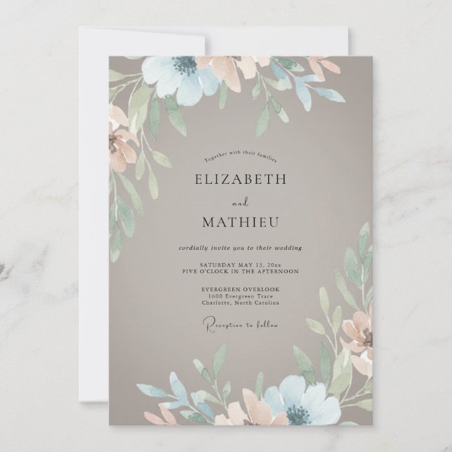 Convites Casamento com Folhas em Verde-azulado e Bege (Frente)