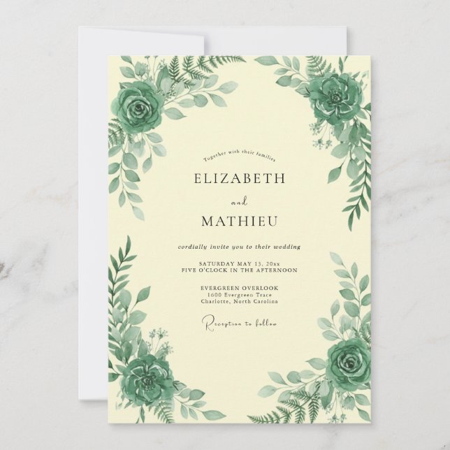 Convites Casamento com Folhas Emerald Sage (Frente)