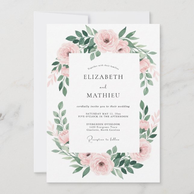 Convites Casamento com Folhas Emeralda e Rubor (Frente)