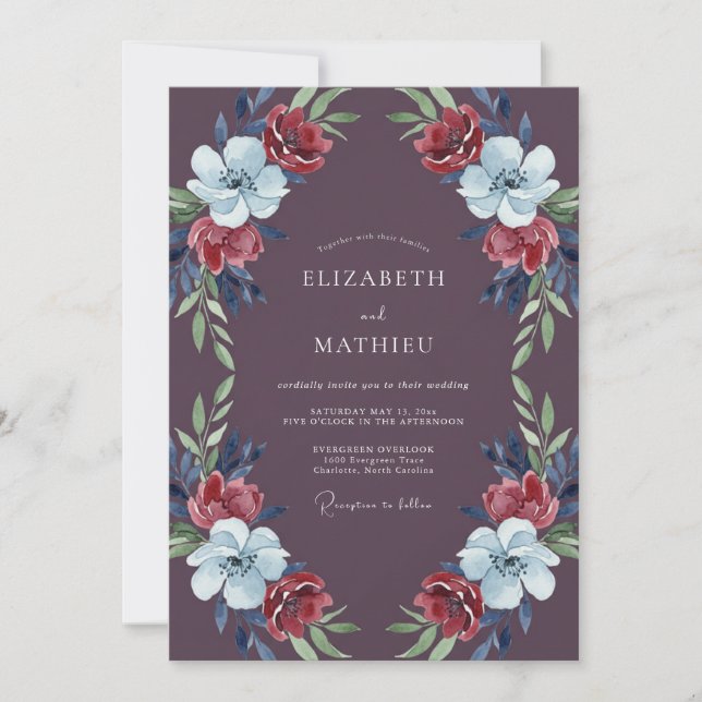 Convites Casamento com Folhas Escarlate de Ameixa (Frente)