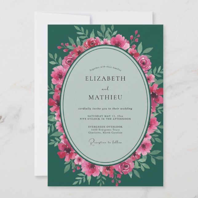 Convites Casamento com Folhas Esmeralda Magenta (Frente)