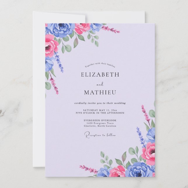Convites Casamento com Folhas Índigo Fúcsia (Frente)