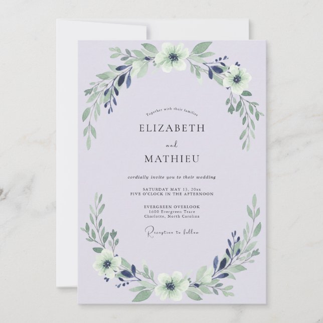 Convites Casamento com Folhas Índigo Lilás (Frente)