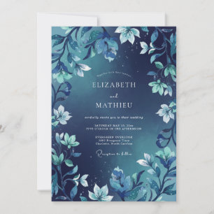 Convites Casamento com Folhas Índigo Meia-Noite