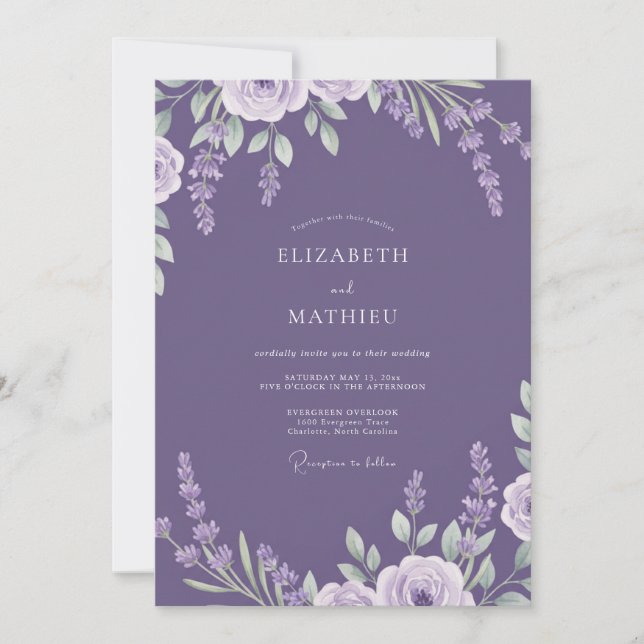Convites Casamento com Folhas Lavanda Ameixa (Frente)