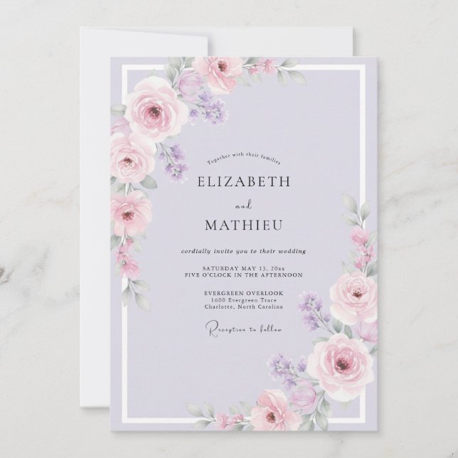 Convites Casamento com Folhas Lavanda Mauve (Frente)