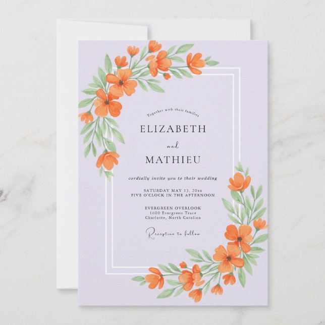 Convites Casamento com Folhas Lilás Laranja (Frente)