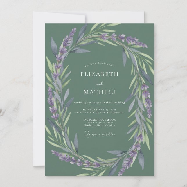 Convites Casamento com Folhas Lilás Musgosas (Frente)