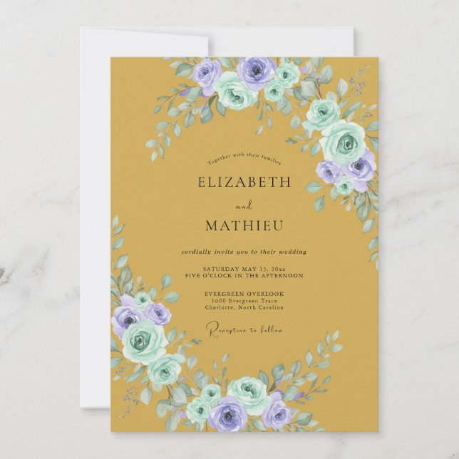 Convites Casamento com Folhas Lilás Ócre (Frente)