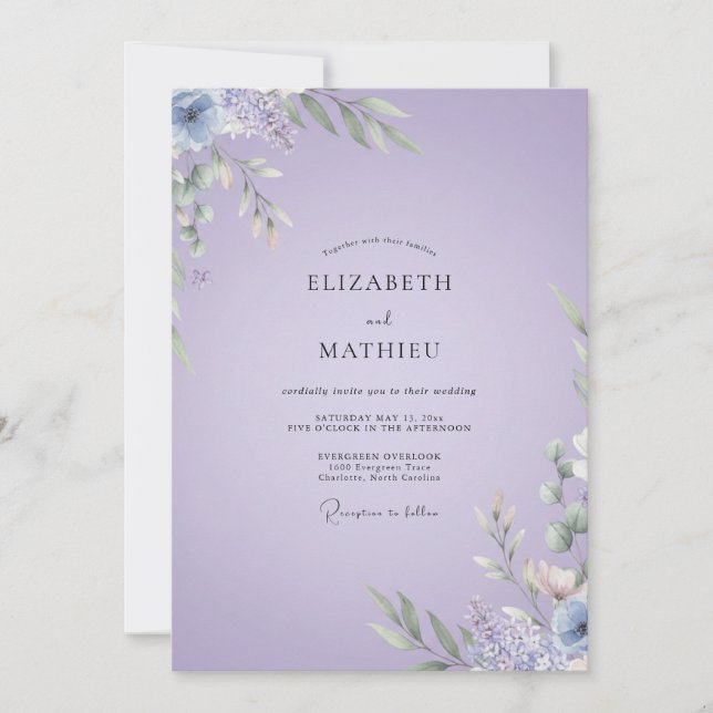 Convites Casamento com Folhas Lilás Pálido (Frente)