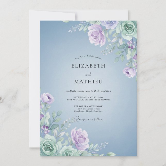 Convites Casamento com Folhas Lilás Pálido e Periwinkle (Frente)