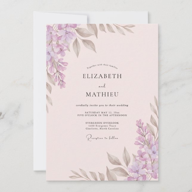 Convites Casamento com Folhas Lilás Taupe (Frente)