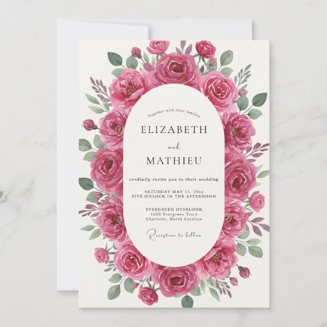 Convites Casamento com Folhas Magenta (Frente)